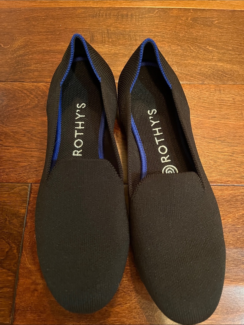 Rothy's Black Knit Slip-On Loafers with Blue Trim